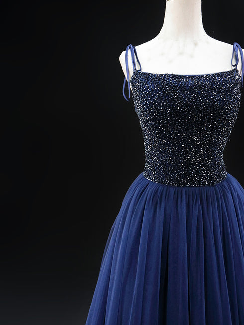 Navy Blue Wedding Dress - Sequin Evening Gown - Spaghetti Strap Dress with Lace-up Back Plus Size